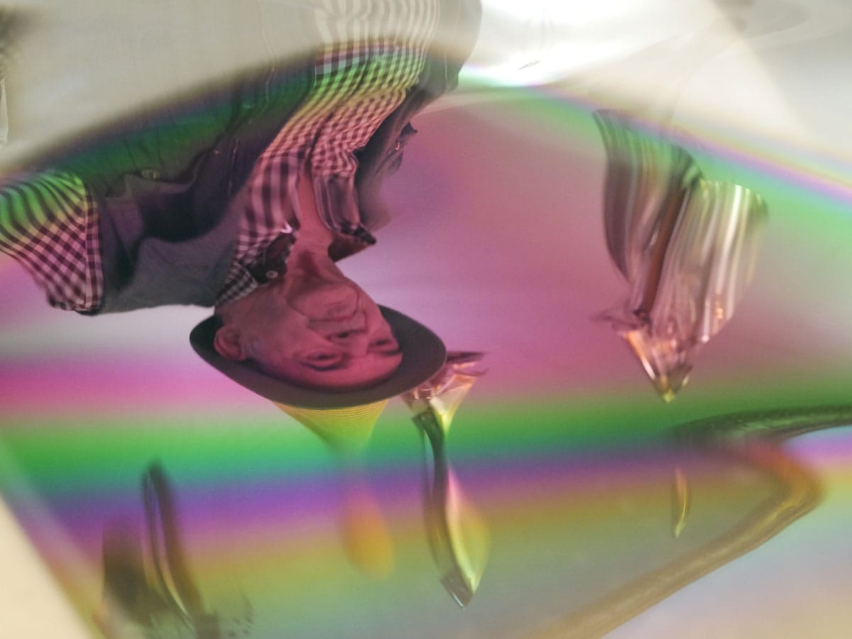 Larry Bell in his Taos studio with Light Knots