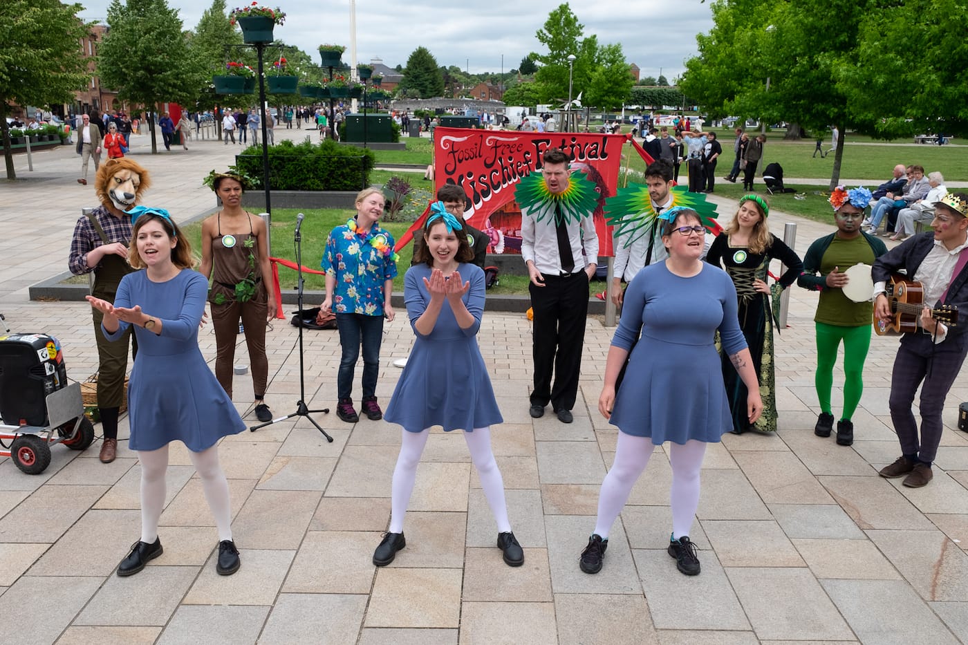 Three Matildas in the Mischief Mob lead a revolt against BP. (photo by Ron Fassbender)