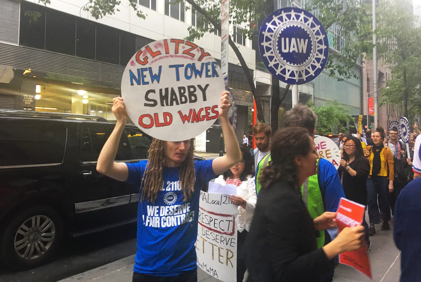 Demonstrators outside the Museum of Modern Art on May 31, 2018, calling for a fair contract for the museum's union workers.