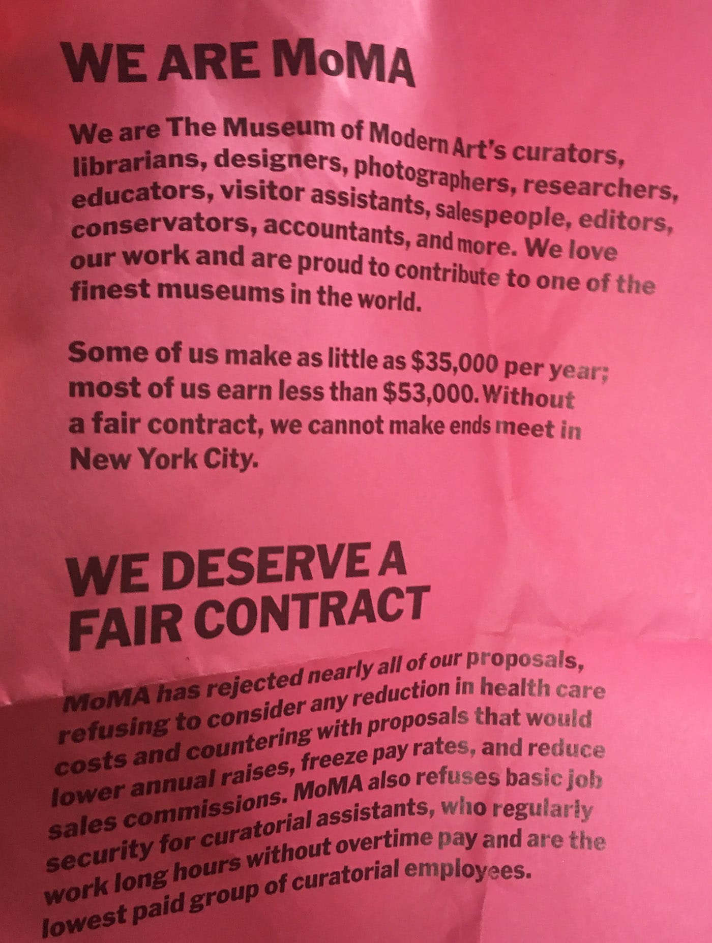 One of the flyers distributed by demonstrators outside the Museum of Modern Art on May 31, 2018