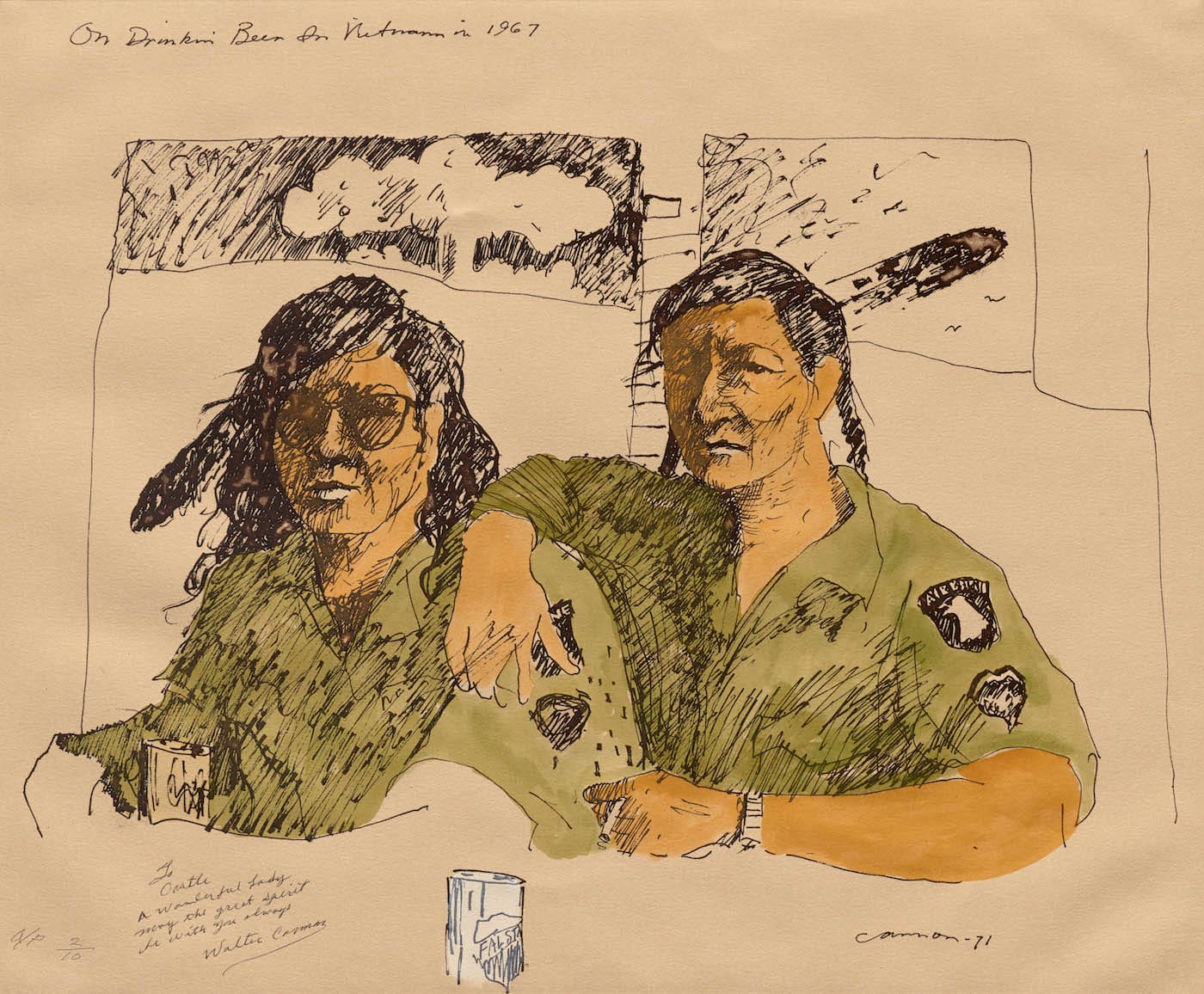 T.C. Cannon, "On Drinkin’ Beer in Vietnam in 1967" (after 1978), lithograph, private collection (© 2017 Estate of T.C. Cannon; photo by Allison White)