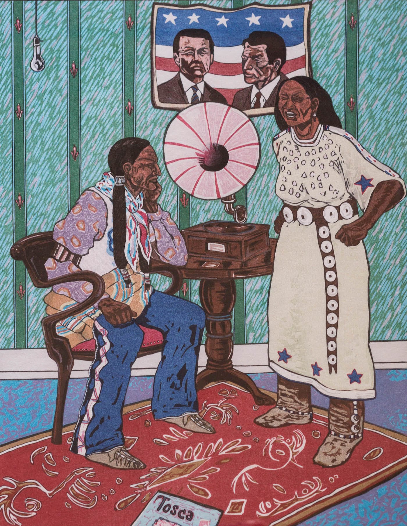 T.C. Cannon, "A Remembered Muse (Tosca)" (1978), woodcut, Anne Aberbach + Family, Paradise Valley, Arizona (© 2017 Estate of T.C. Cannon; photo by Thosh Collins)