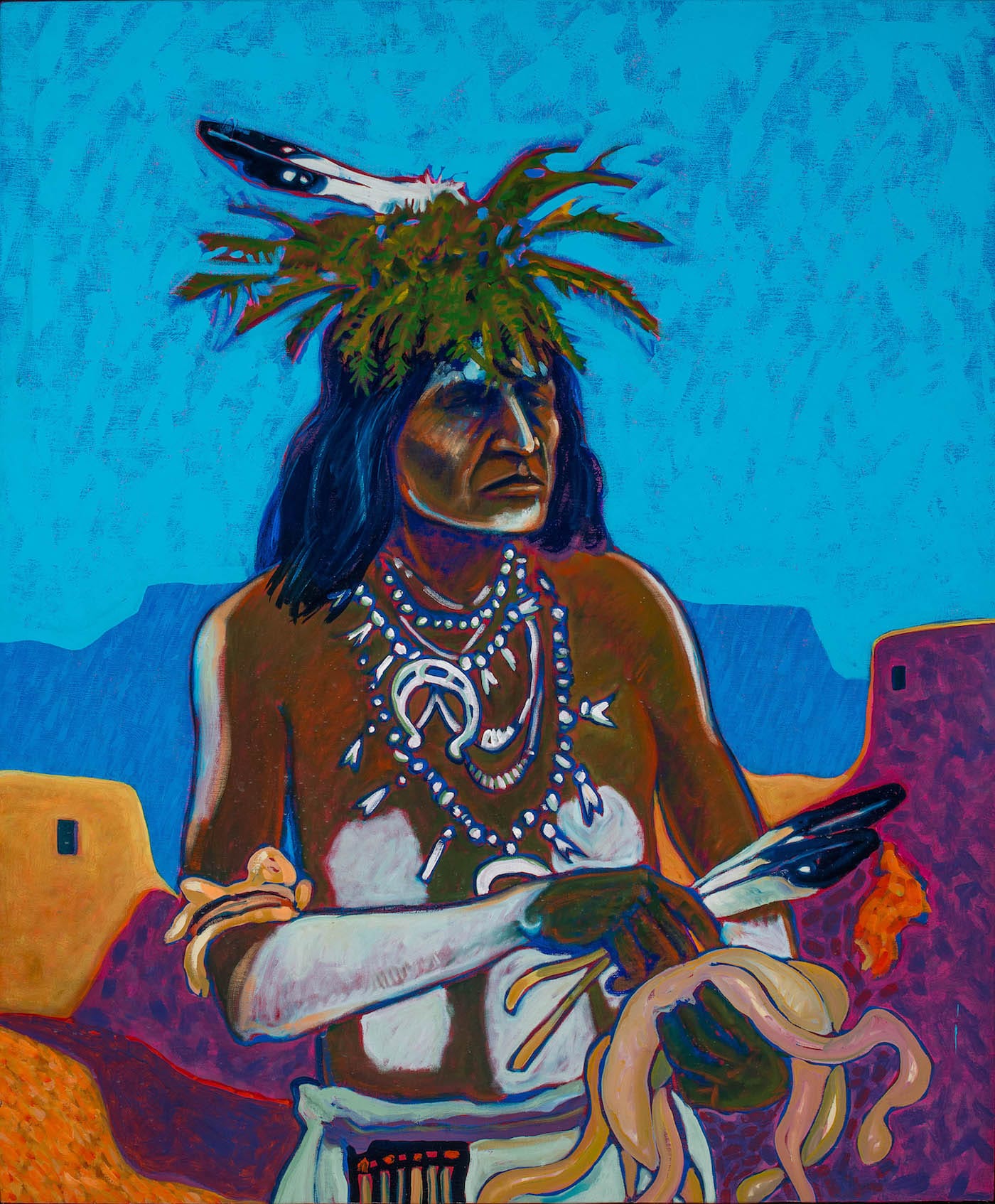 T.C. Cannon, "Small Catcher" (1973–78), oil on canvas, collection of Gil Waldman and Christy Vezolles (© 2017 Estate of T.C. Cannon; courtesy of the Heard Museum, Phoenix, Arizona; photo by Craig Smith)