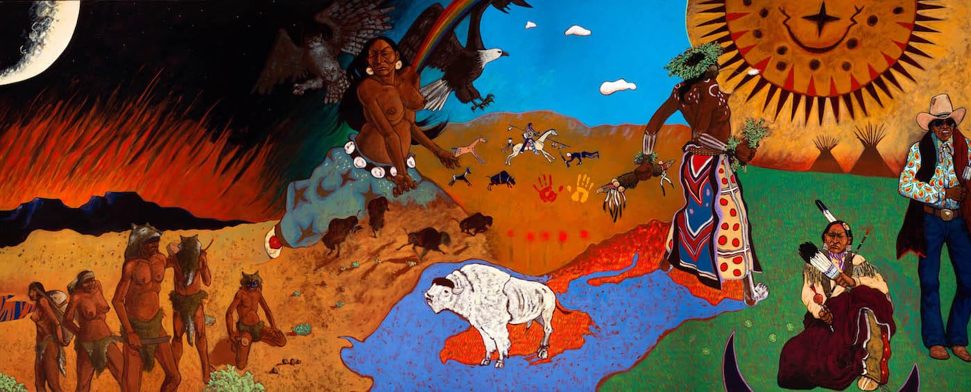 T. C. Cannon, "Epochs in Plains History: Mother Earth, Father Sun, the Children Themselves" (1976–77), oil on canvas, Seattle Office of Arts and Culture, Seattle, Washington (© 2017 Estate of T.C. Cannon; photo by Gary Hawkey / iocolor)