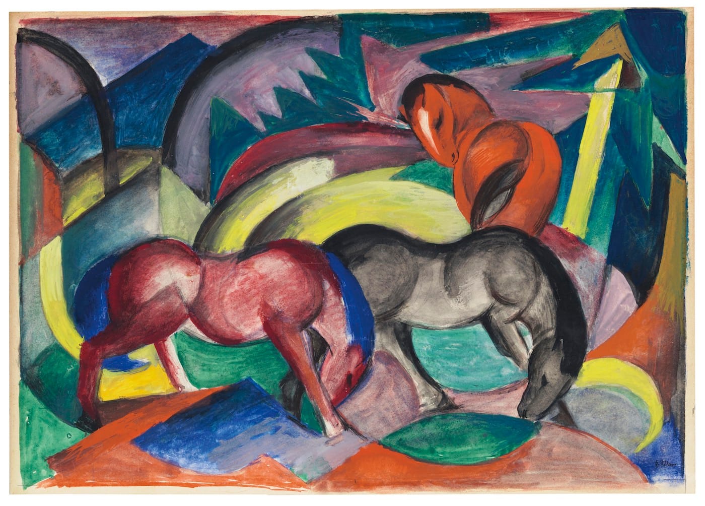 Franz Marc, "Drei Pferde" (1912), gouache on card, 13 1/4 x 18 3/4 in, sold for £15,421,250 at Christie's evening sale of Impressionist and Modern art on June 20, 2018 (image courtesy Christies Images Ltd. 2018)