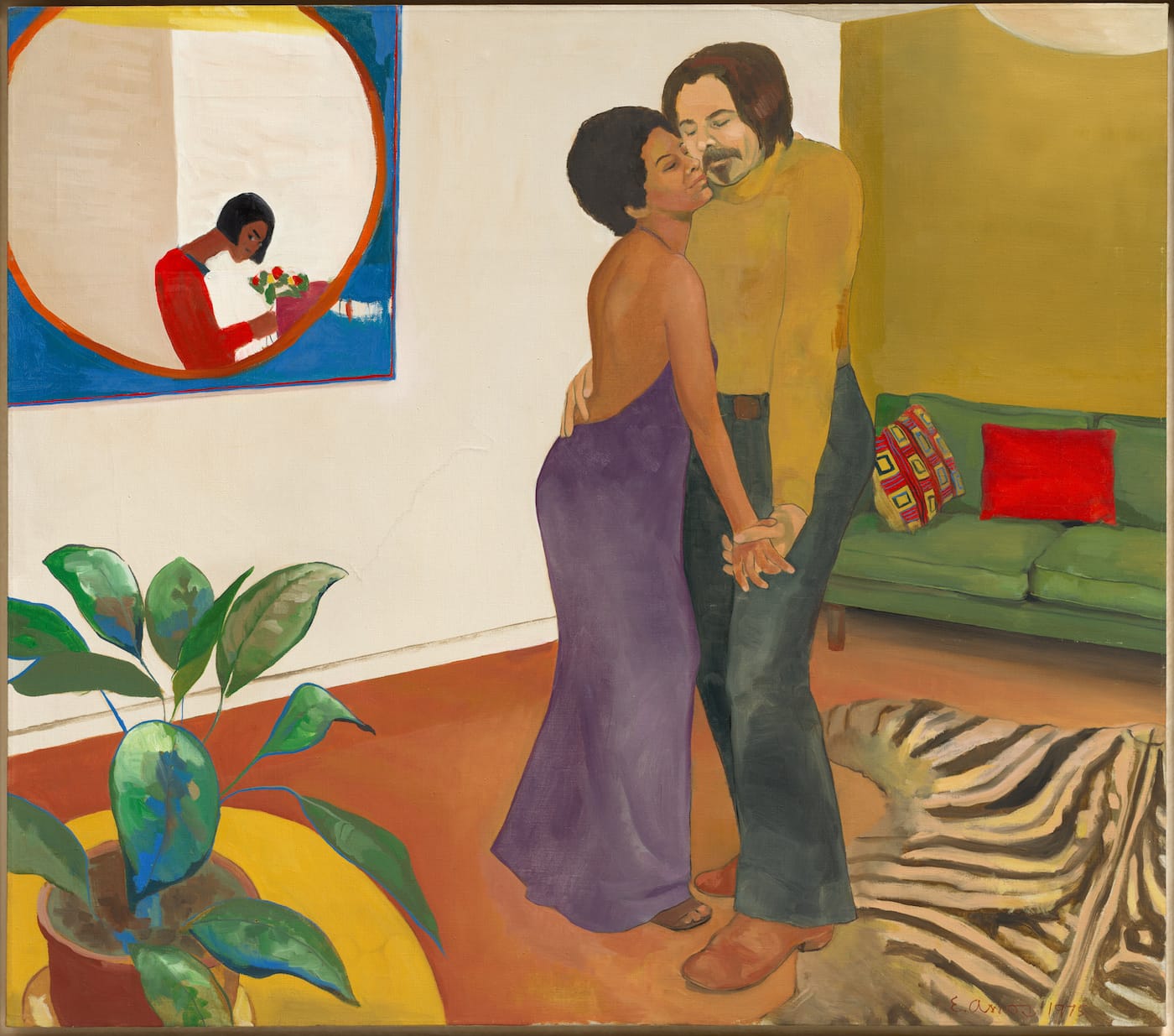 Emma Amos, "Sandy and Her Husband" (1973), oil on canvas, 44 1/4 x 50 1/4 in (courtesy the Cleveland Museum of Art)