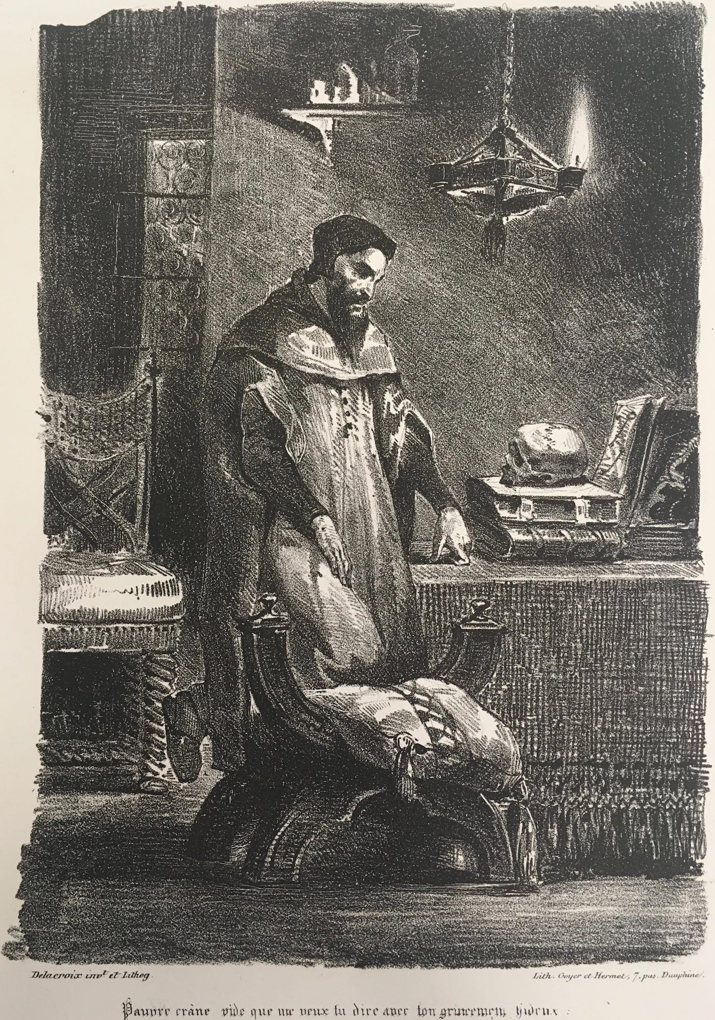 Eugène Delacroix, "Faust in his Study (Goethe's 'Faust')" (1828), lithograph (courtesy Fairfield University Art Museum)
