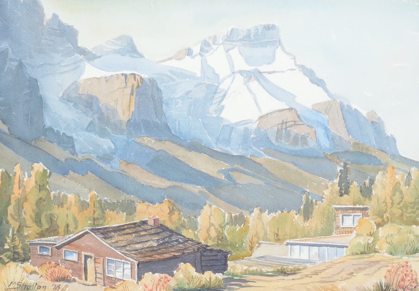 Margaret Shelton, "Mount Rundle from Harvey Heights, Canmore" (1978), watercolor on paper, from the University of Lethbridge Art Collection; gift of Dr. Margaret (Marmie) Perkins Hess, 2017 (courtesy University of Lethbridge Art Collection) 