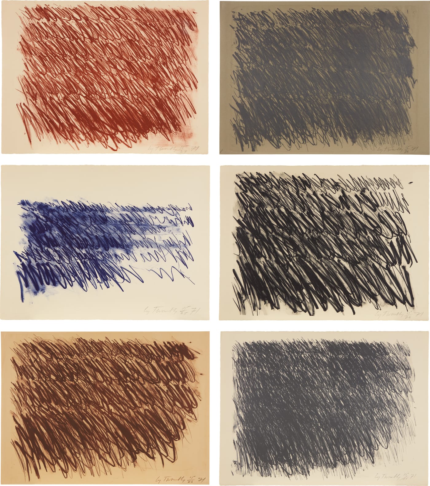 Cy Twombly, "Untitled" (1971), series of six lithographs in colors, on Arches and Gray Mi-Teintes paper, with full margins; sold for £489,000 (~$649,000) at Phillips London on June 7, 2018 (image courtesy Phillips)