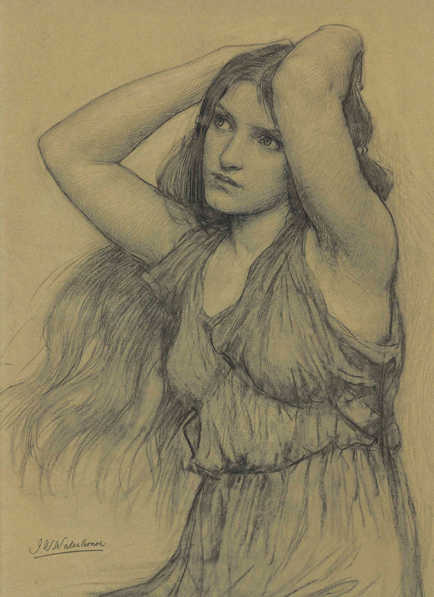 John William Waterhouse, "Flora" (c. 1898), black chalk on buff paper, 23 1/4 x 18 in. (image courtesy of Christie's)