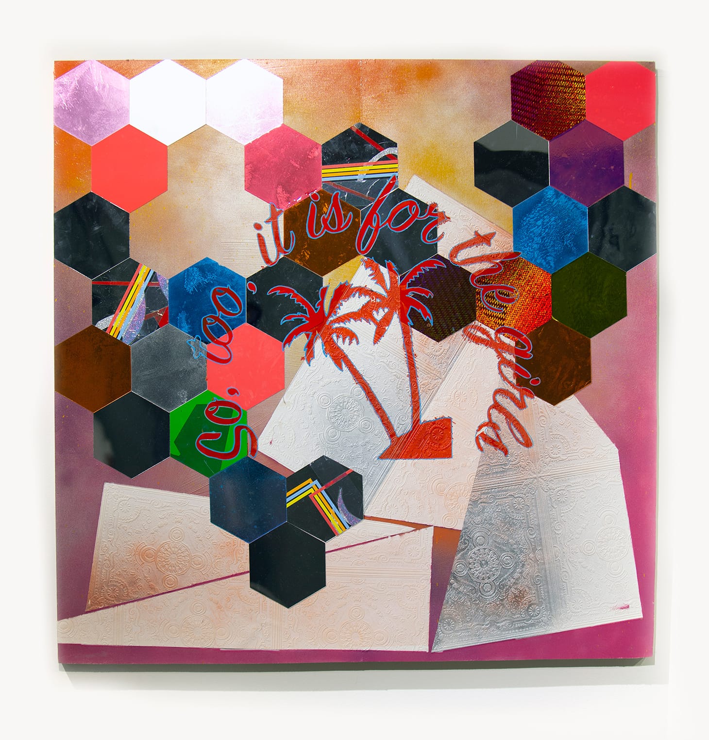 Delano Dunn, "Stanton v. Stanton" (2018), wallpaper, spray paint, and plexi glass on board, 48 x 48 in.