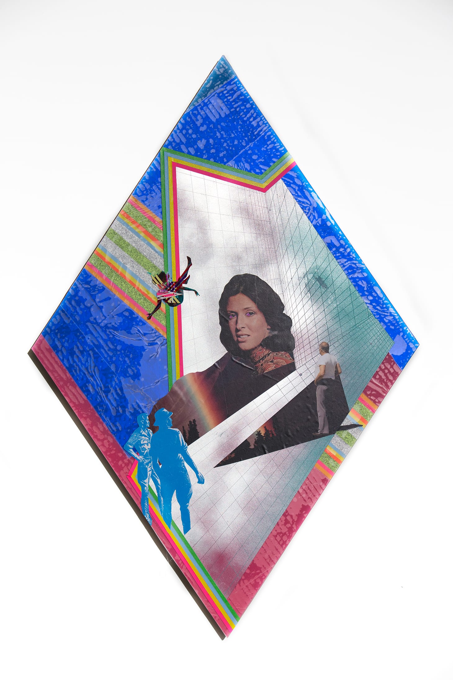 Delano Dunn, "Then It Was a Summer Night" (2018), paper, vinyl, tape, spray paint, and cellophane on plexiglass 35 x 24 in.