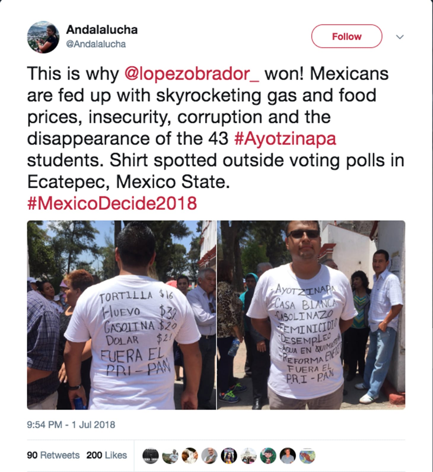 Not directly referring to seeds, this person outside a voting booth in Mexico is wearing a shirt that references the Ayotzinapa 43.