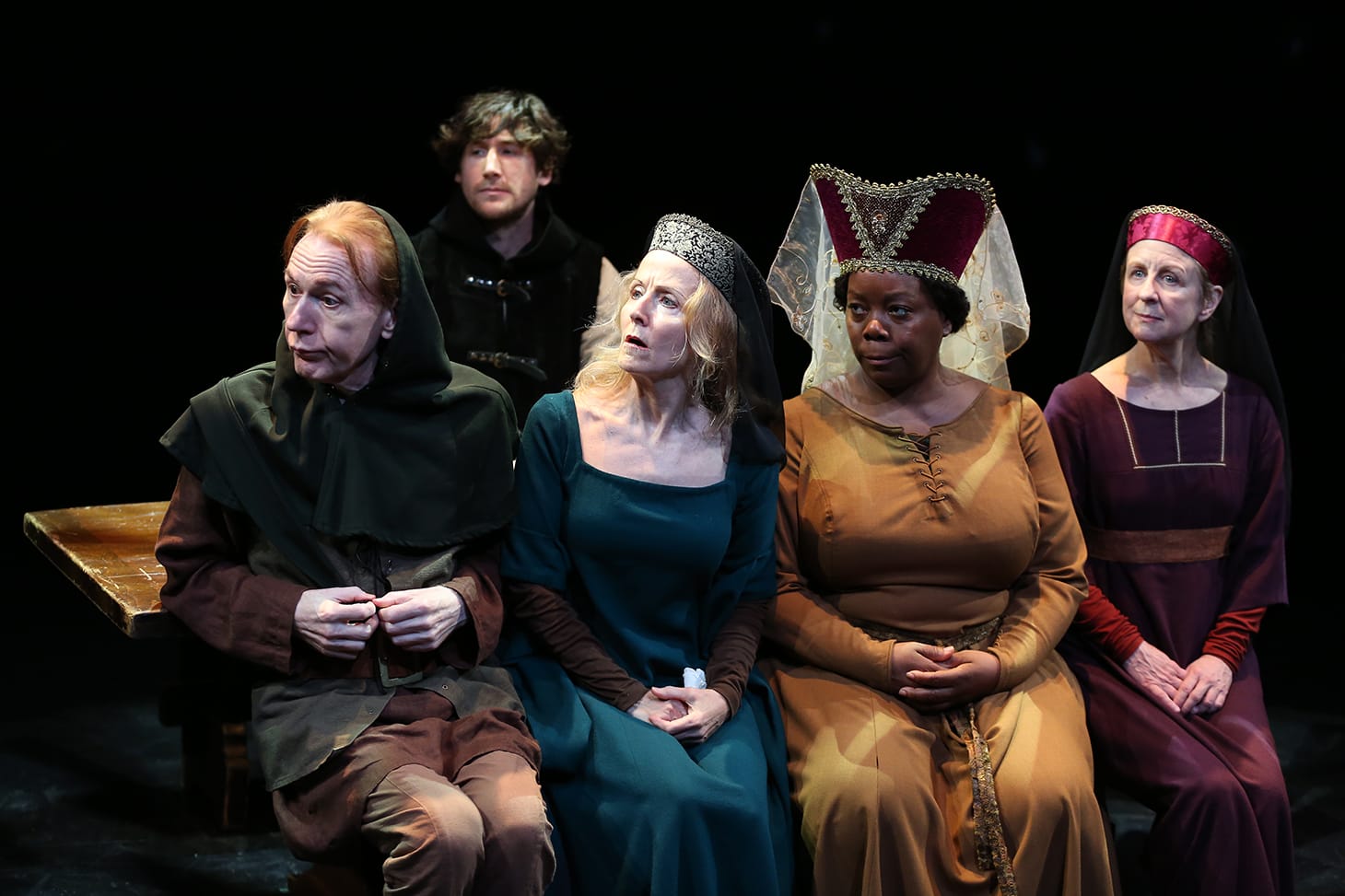 Timothy Doyle, Vance Barton, Ginger Grace, LaTonya Borsay, and Pippa Pearthree in <em>The Saintliness of Margery Kempe</em>, directed by Austin Pendleton at The Duke on 42nd Street (photo © Carol Rosegg)