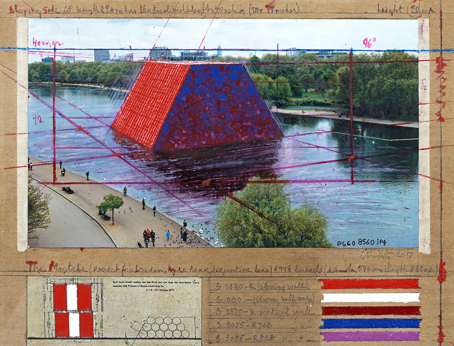 Christo, "The Mastaba" (2017), collage, pencil, wax crayon, enamel paint, photo by Wolfgang Volz, technical data and tape on brown board 21.5 x 28 cm, private collection, Switzerland, (photo by André Grossmann) © 2017 Christo