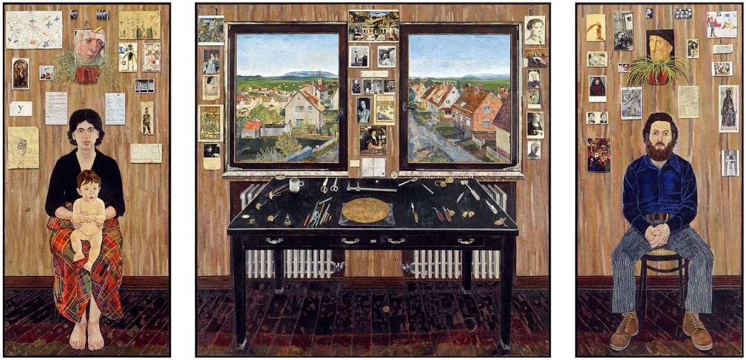 Simon Dinnerstein, The Fulbright Triptych, 1971‐74, oil on wood panels, 79 ½” x 168” framed and separated. Collection of the Palmer Museum of Art, Pennsylvania State University