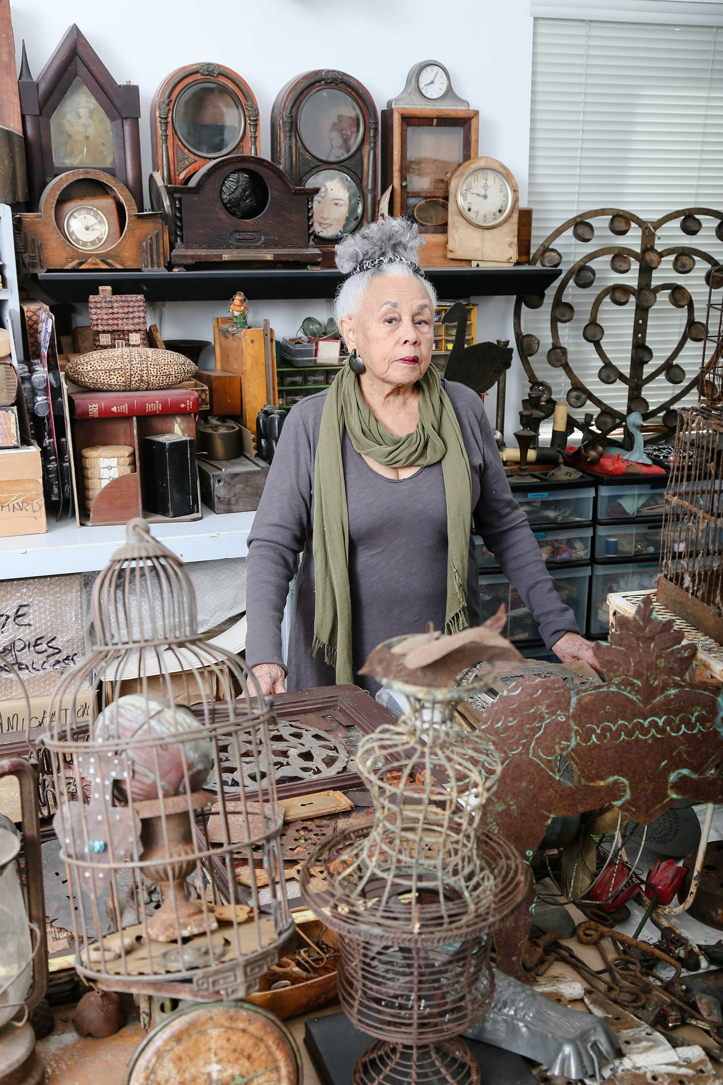 Betye Saar in her Los Angeles studio, 2015 (photo by Ashley Walker, image courtesy the artist and Roberts Projects, Los Angeles)