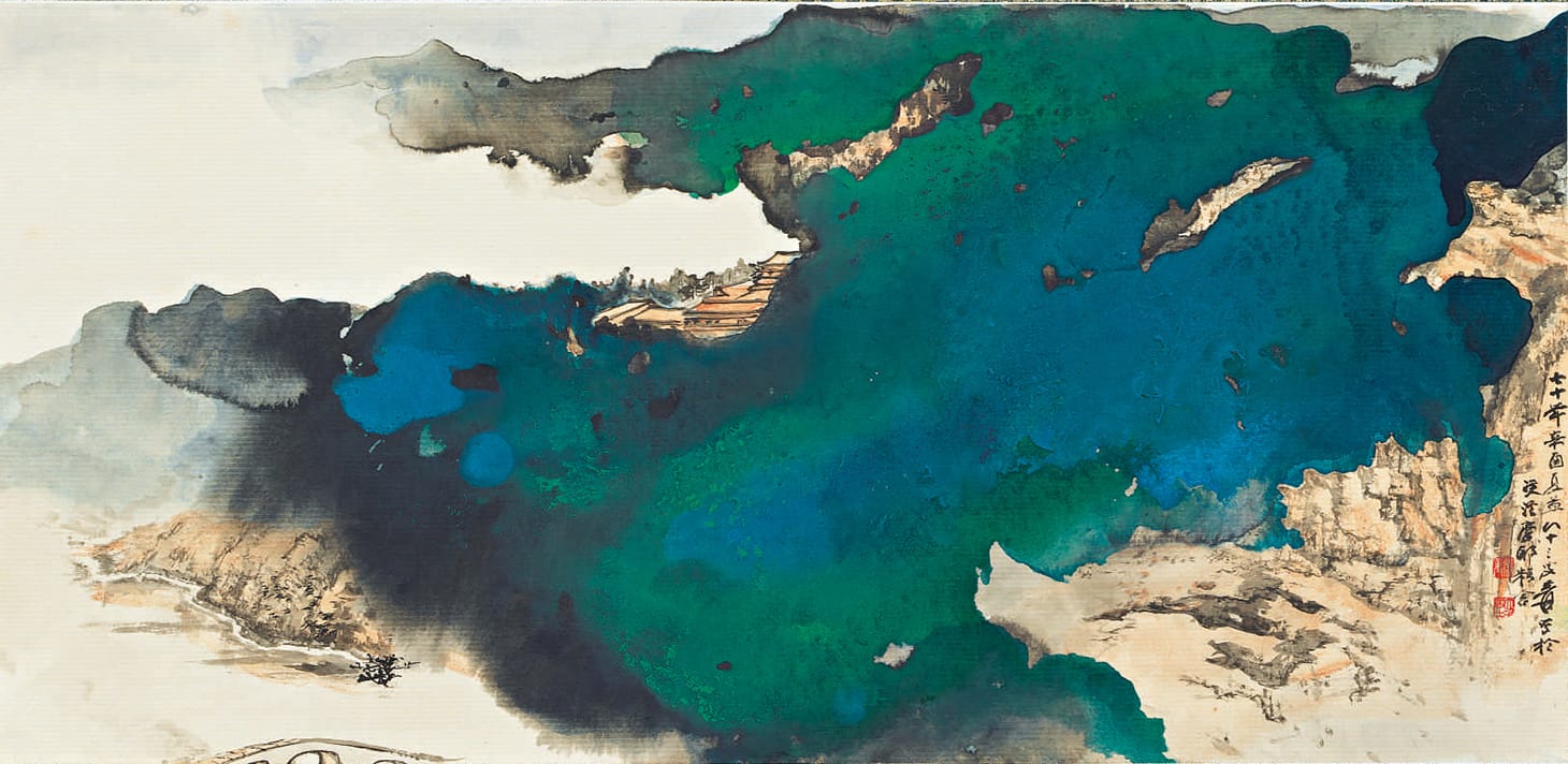 Zhang Daqian (Chang Dai-chien), "Bridge to Mountain Temple Shrouded By Prismatic Clouds In Splashed Color," signed "Yuan," at the age of 83 "sui," dated xinyou (1981), the fourth lunar month, with two seals of the artist, zhang yuan, da qian ju shi. ink and color on paper, mounted for framing 16 1/2 x 34 1/4 inches (image courtesy Sotheby's)