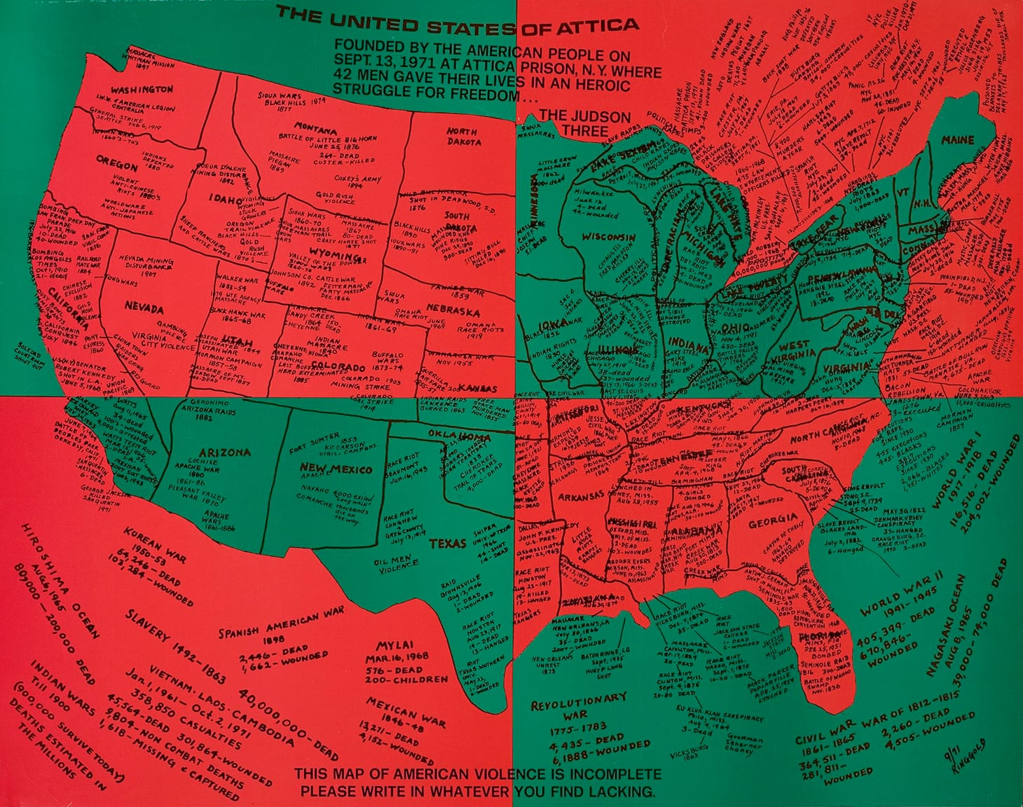 Faith Ringgold, "United States of Attica" (1972), offset lithograph on paper, 21 ¾ x 27 ½ inches (© 2018 Courtesy ACA Galleries, New York, © 2018 Faith Ringgold, member Artists Rights Society (ARS), New York)