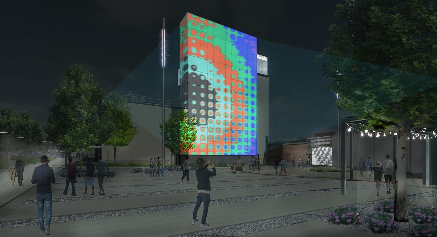 Rendering of the Momentary from Wheeler Kearns Architects, exterior South courtyard, nighttime, full projection (image courtesy Crystal Bridges Museum of American Art)