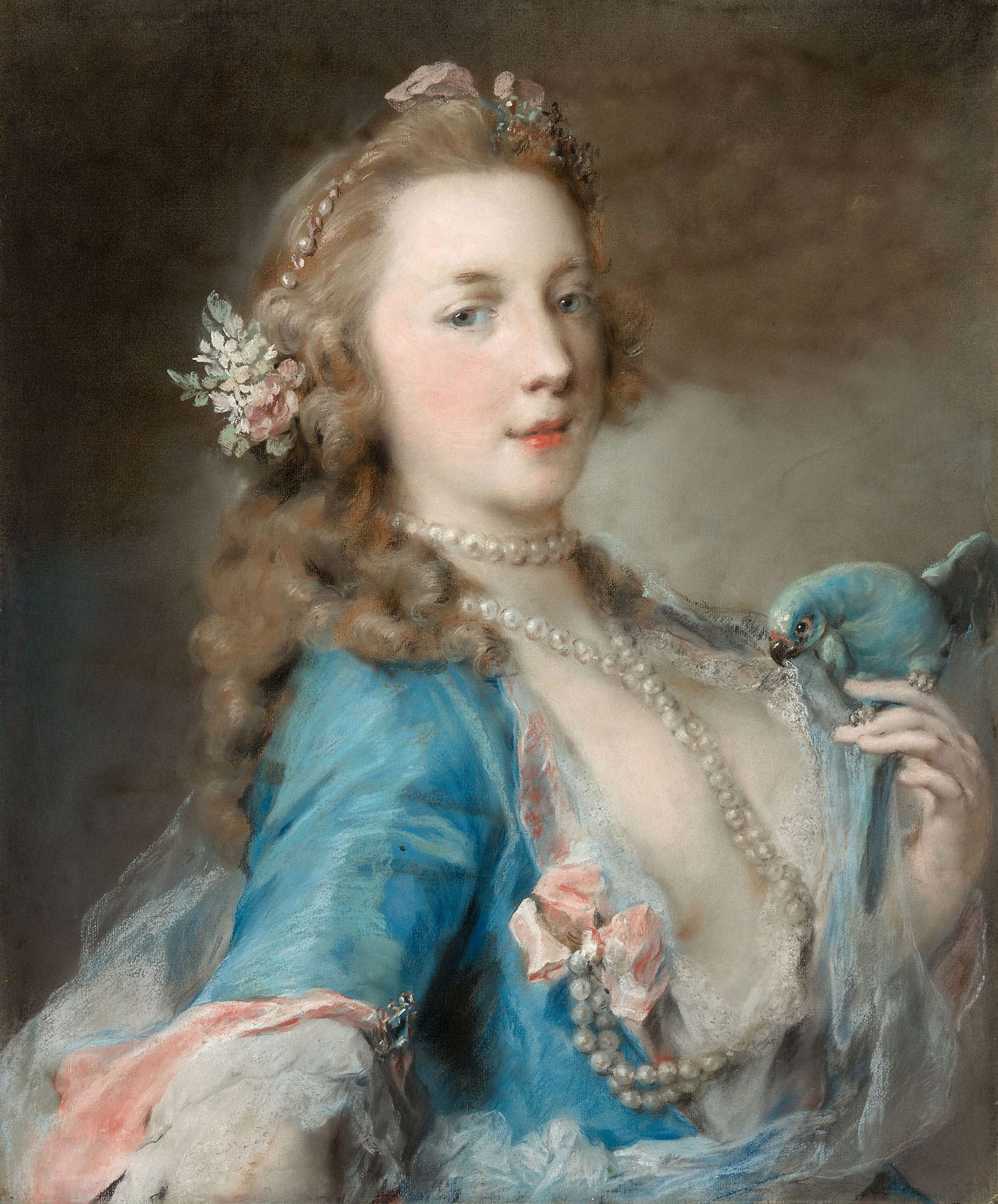 Rosalba Carriera, "A Young Lady with a Parrot" (1725–35), pastel on blue laid paper, mounted on laminated paper board, 600 x 500 mm (image courtesy The Regenstein Collection)