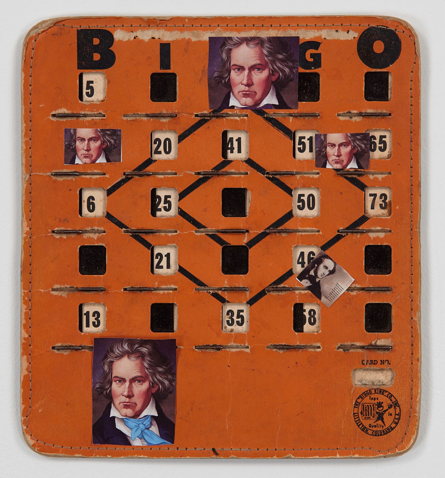 John Ashbery, "Bingo Beethoven" (2014), collage on vintage Bingo board, 8 1/4 x 7 1/2 inches (image copyright Estate of John Ashbery, courtesy Tibor de Nagy Gallery, New York)