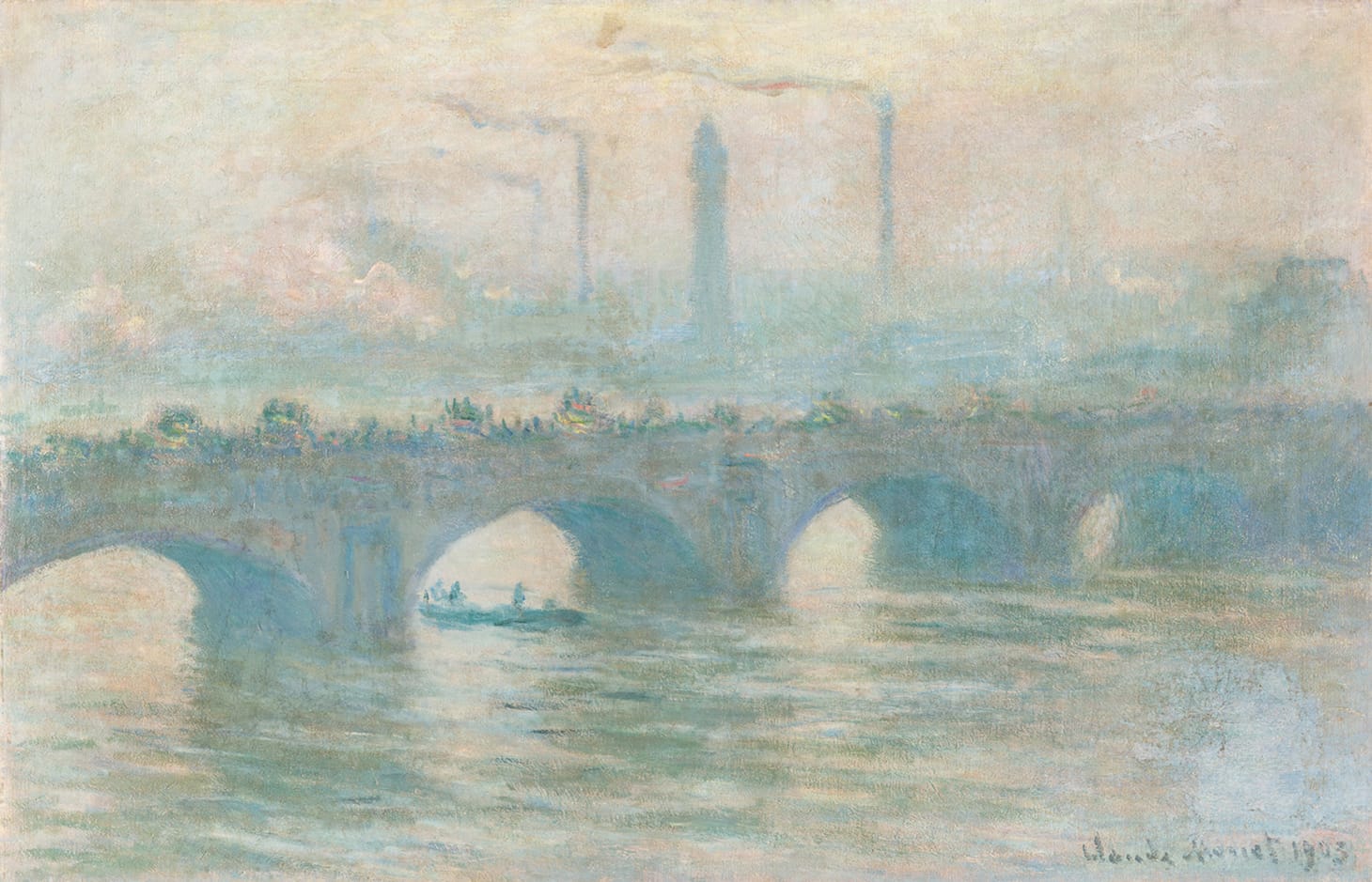 Claude Monet, "Waterloo Bridge" (1903), oil on canvas, lined, 65 × 101.5 cm. (image courtesy Kunstmuseum Bern, phot by David Ertl, © Kunst- und Ausstellungshalle der Bundesrepublik Deutschland GmbH)