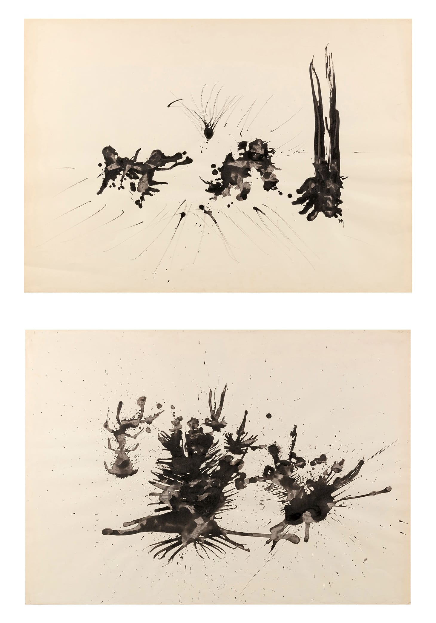 Henri Michaux, "Trois Grandes Tâches, Passion Végétale [2 Oeuvres]" (1954-55), India ink on paper (image courtesy Sotheby's)