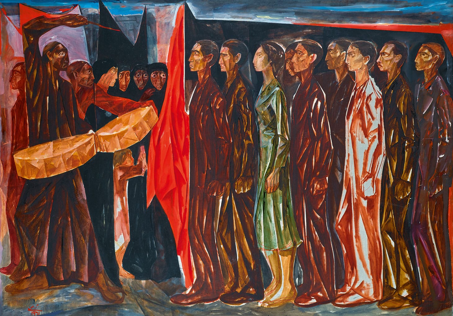 Mahmoud Sabri, "Iraqi Jnazet (Funeral)" (1961), oil on canvas mounted on board, 39 3/8 x 55 1/8 inches (image courtesy Sotheby's)
