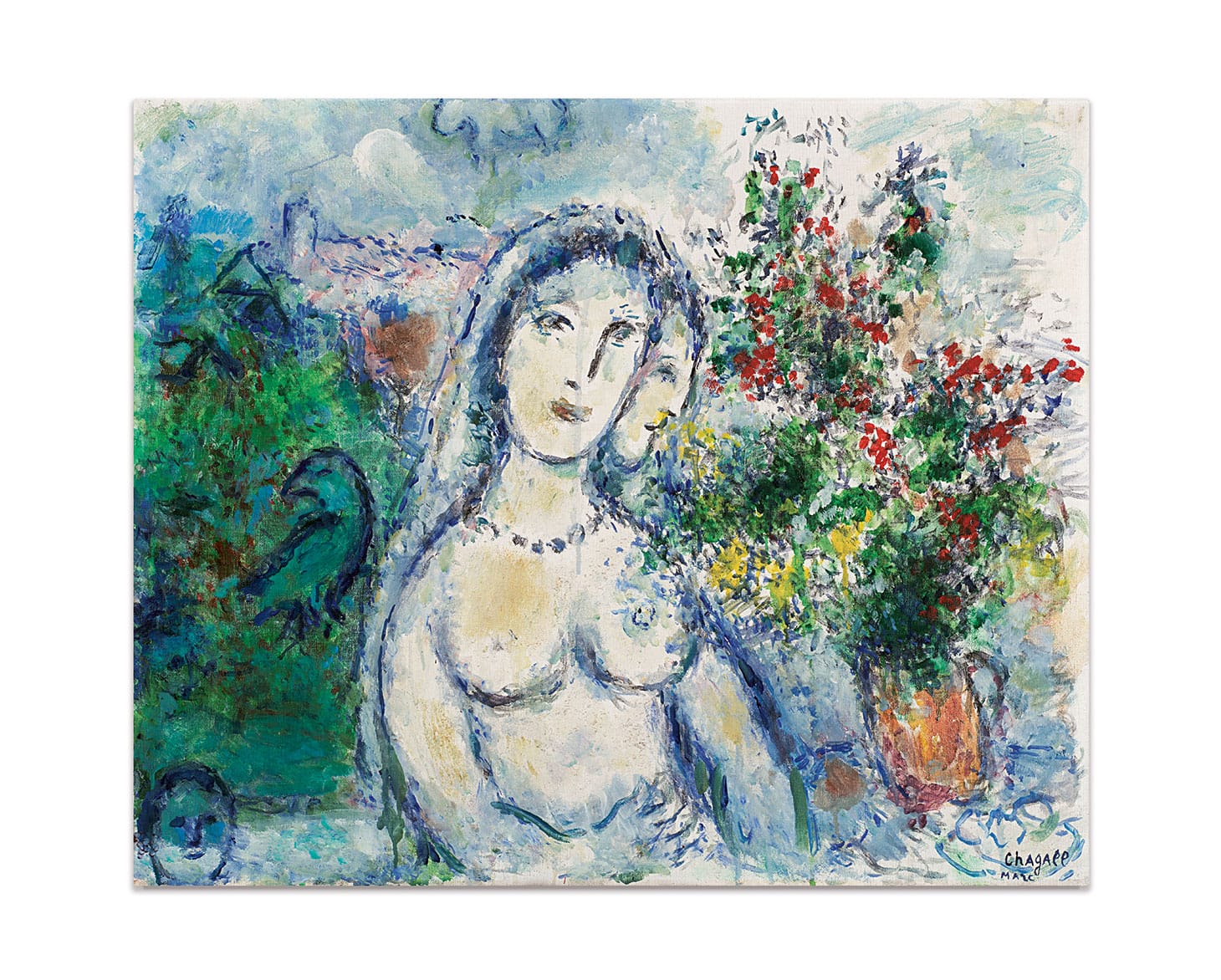 Marc Chagall, "La Mariée au Collier" (1977–80), oil on canvas, 23 3/4 x 28 7/8 inches (image courtesy Sotheby's)