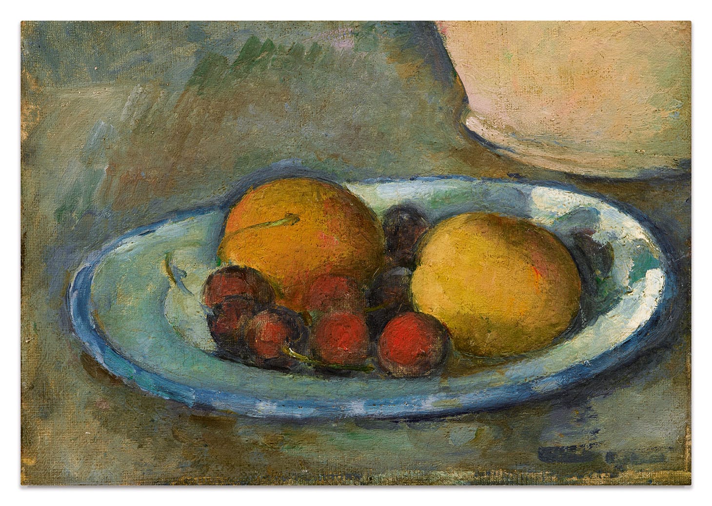 Paul Cézanne, "Abricots et Cerises Sur une Assiette" (c. 1877–79), oil on canvas, 6 1/4 x 8 3/4 inches (image courtesy Sotheby's)