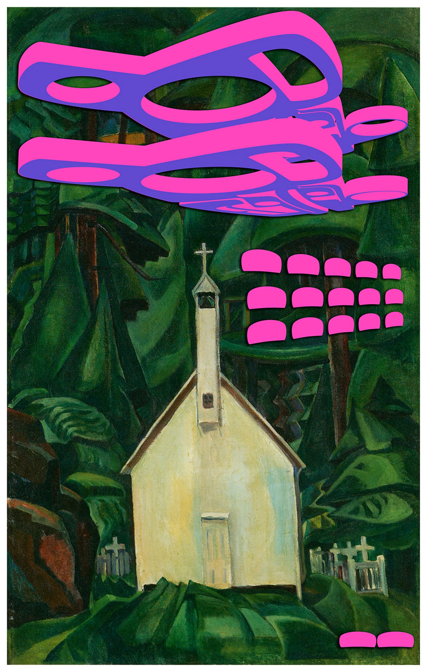 Sonny Assu, "Re-Invaders: Digital Intervention on an Emily Carr Painting (Indian Church, 1929)" (2014), framed size: 40 x 30 inches, edition of 5 + 2 AP, AP 1 of 2 (image courtesy Equinox Gallery, Vancouver)
