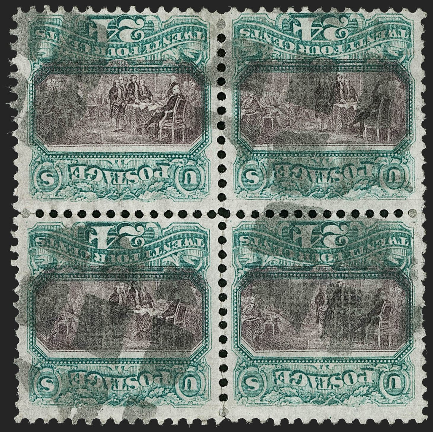 24¢ 1869 green & violet, center inverted block of four, beautifully centered, rich colors and sharp clear impressions clearly showing the inverted vignettes, segmented cork cancels of New York City (image courtesy Robert A. Siegel Auction Galleries Inc.)