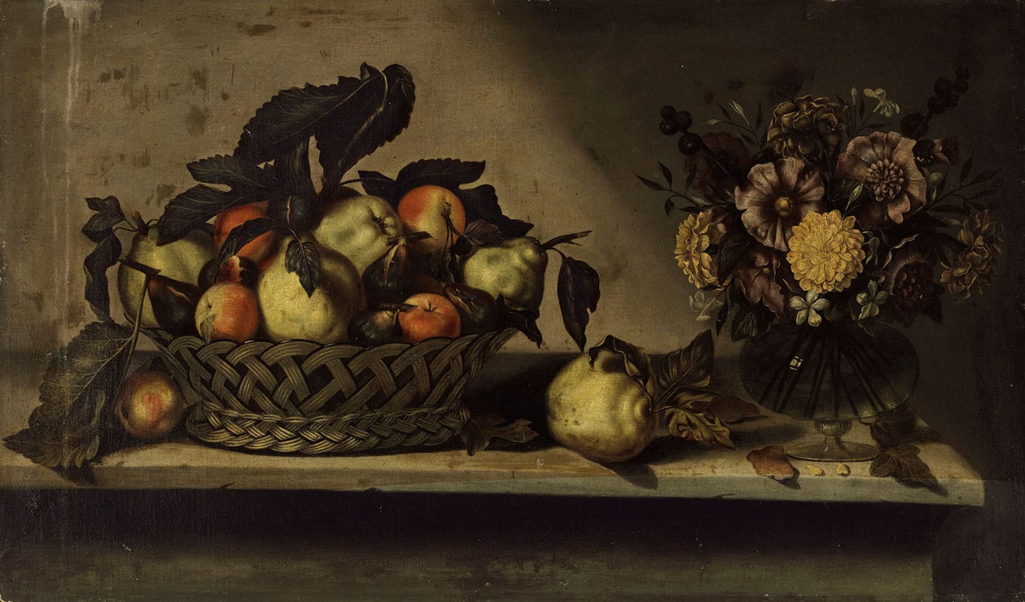 Antonio Ponce "A basket of apples and quinces and flowers in a glass vase on a stone ledge," oil on canvas, 24 x 40 inches (image courtesy Christie's)