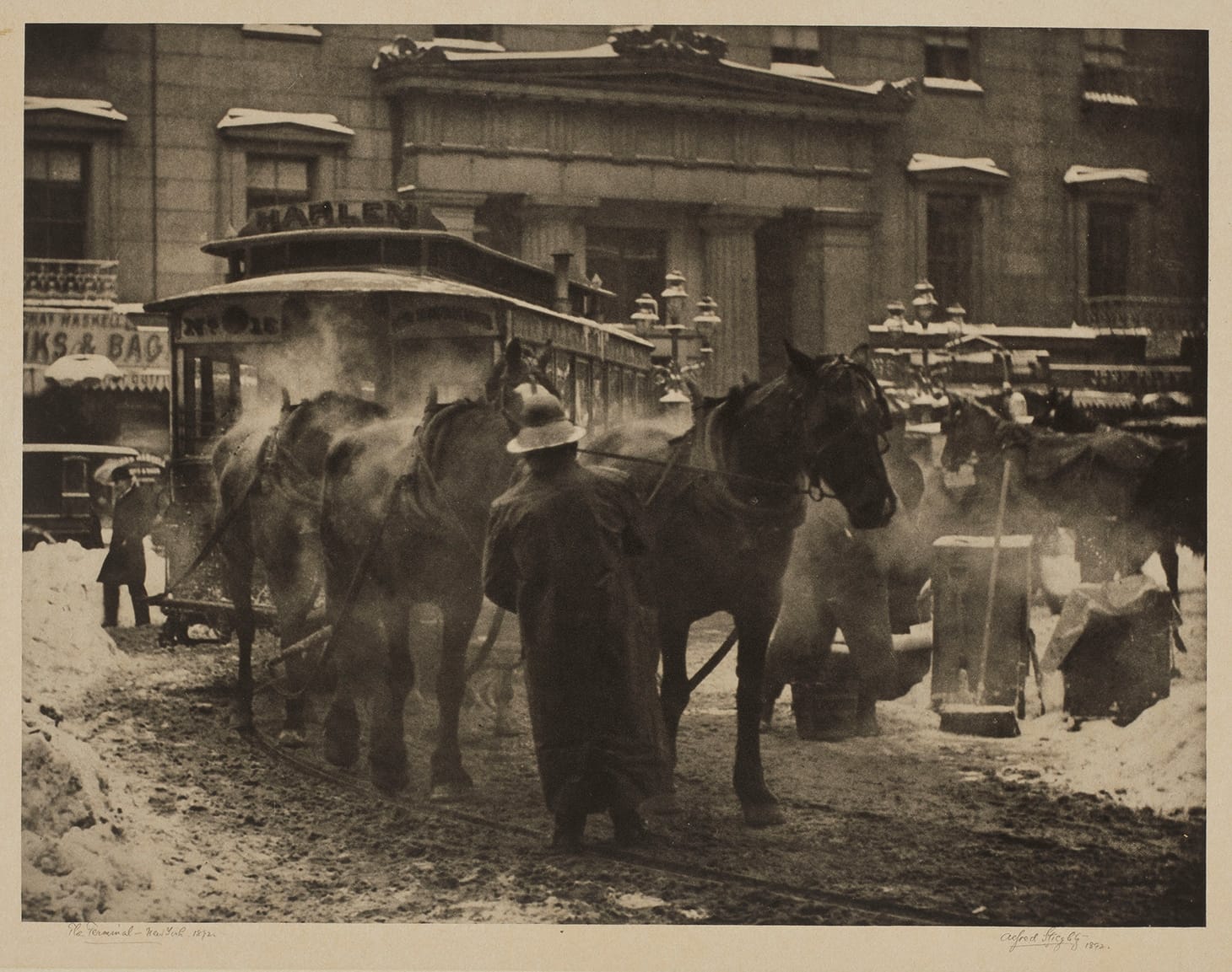 Alfred Stieglitz, "The Terminal, New York, 1893" (printed c. 1910), large-format photogravure on tissue, mounted on original board, image: 10 x 13 1/4 inches, sheet: 11 x 15 3/4 inches, mount: 12 x 16 inches (image courtesy Christie's)