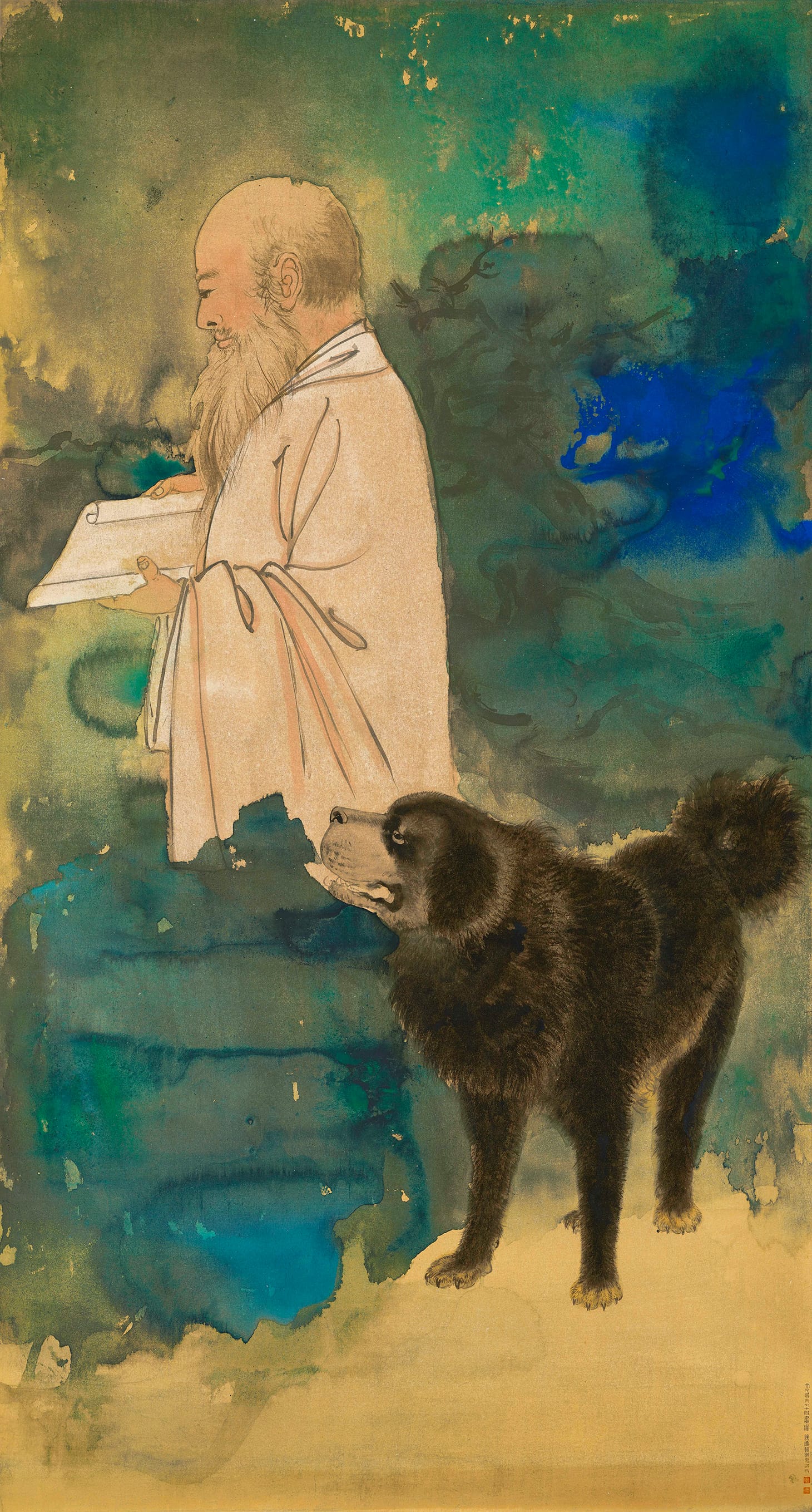 Zhang Daqian (Chang Dai-chien), "Self Portrait With a Tibetan Mastiff," annotation on painting and brocade cover by the owner of Chai Sian Kwan Collection, and with one seal of his splashed ink and color on gold paper, framed, 69 1/4 x 37 3/4 inches (image courtesy Sotheby's)