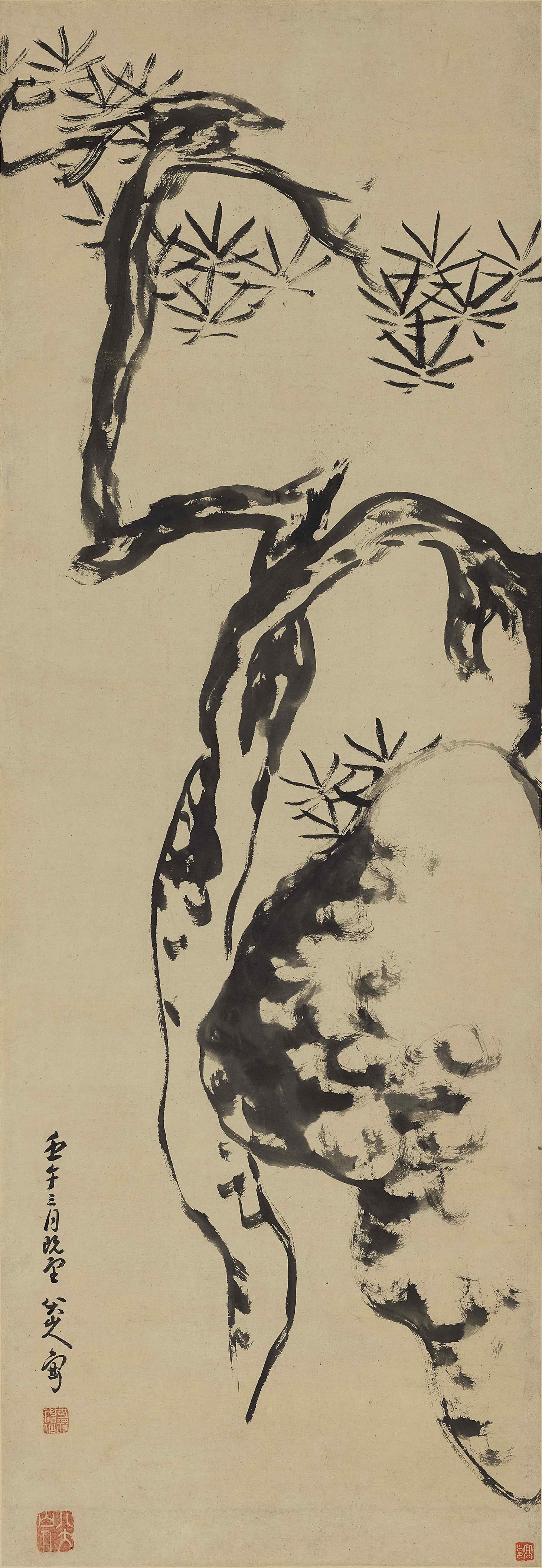 Bada Shanren (Zhu Da), "Pine Tree and Rock" (1702), ink on paper, hanging scroll, 52 x 18 inches (image courtesy Sotheby's)