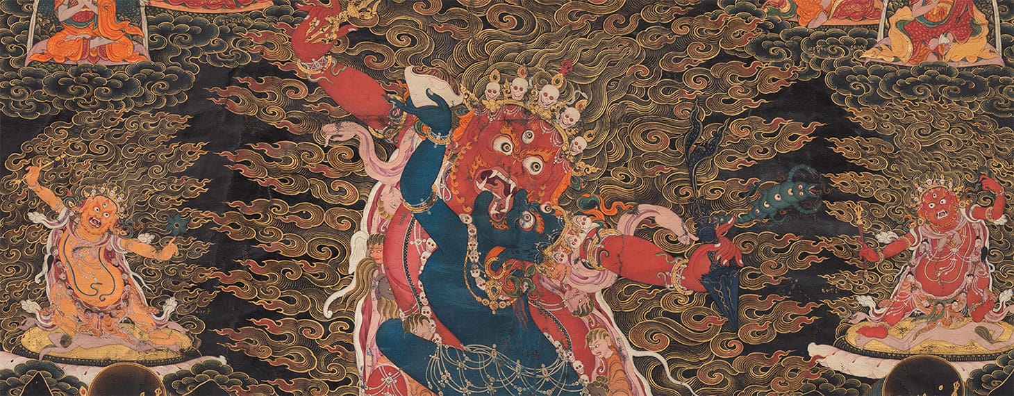 Guru Drakpo, "A Wrathful Form of Padmasambhava" (Detail), Tibet (20th century), pigments on cloth (image courtesy Rubin Museum of Art, gift of Shelley and Donald Rubin)