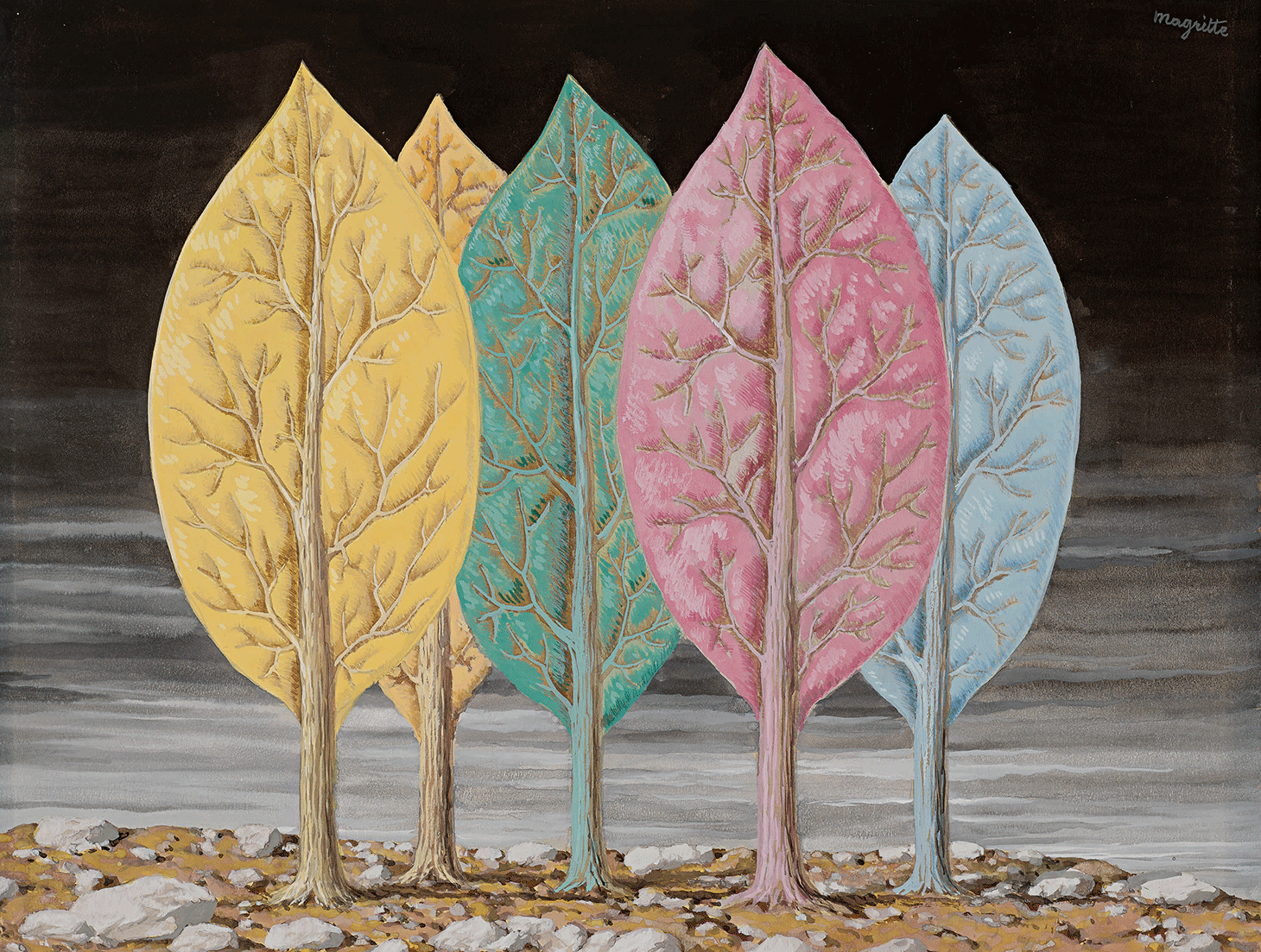 René Magritte, "L'incendie" (c. 1948), gouache on paper, 13 7/8 x 18 inches (image courtesy Sotheby's)