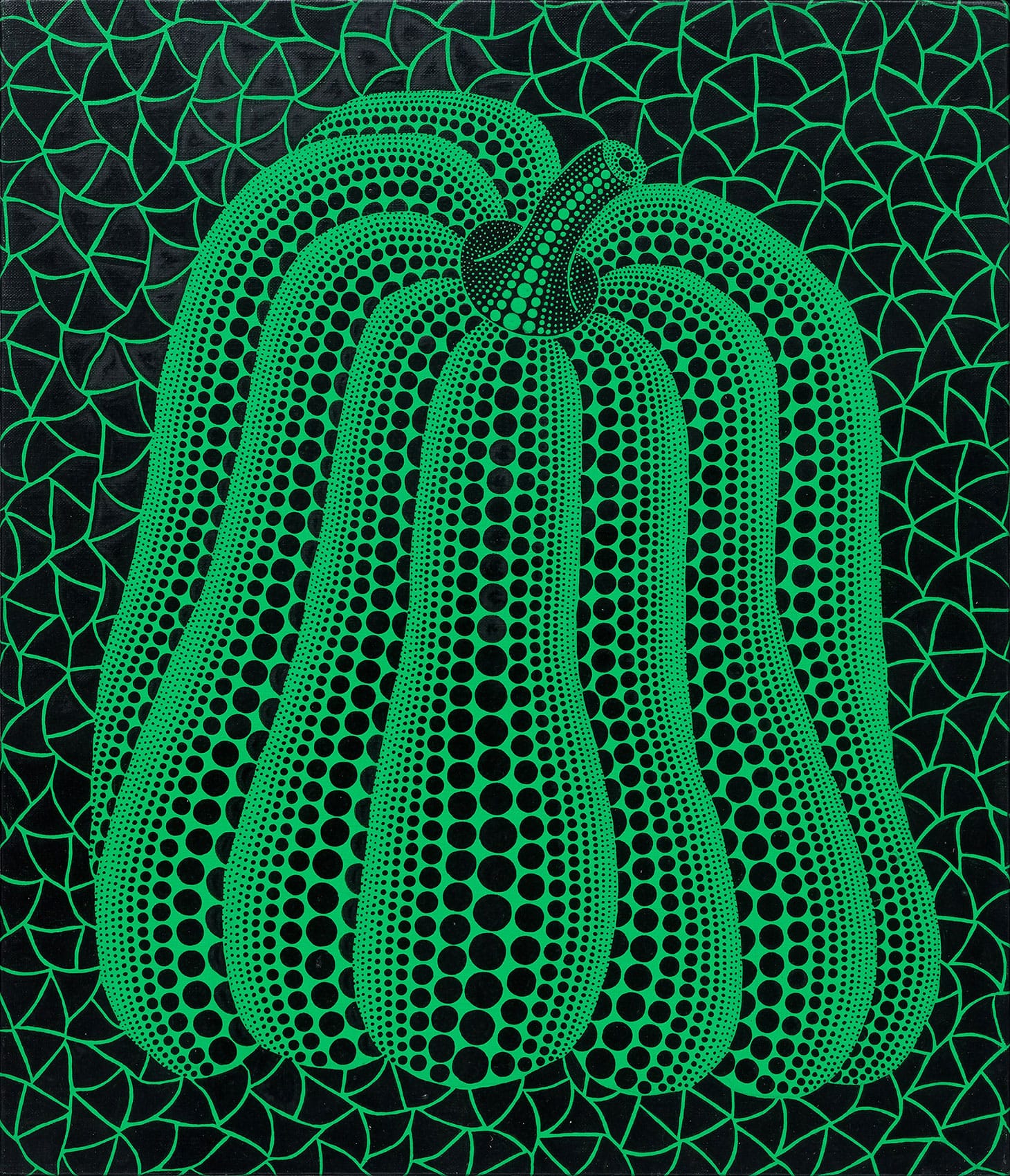 Yayoi Kusama, "Pumpkin" (right, 2002), one of three, acrylic on canvas, 20 7/8 x 17 7/8 inches (image courtesy Phillips, © Yayoi Kusama)