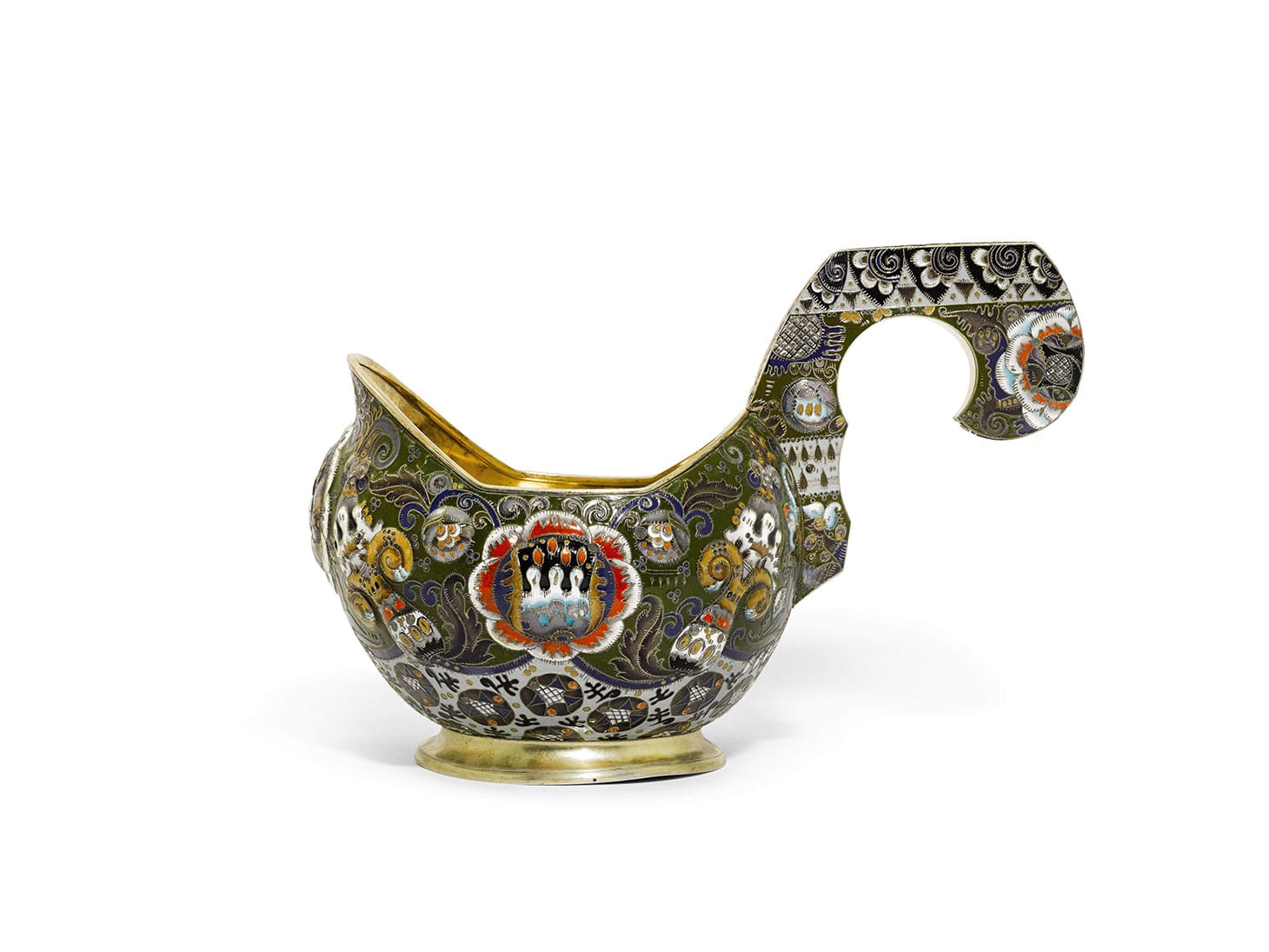 Feodor Rückert, a monumental silver-gilt and cloisonné enamel kovsh, Moscow (1908–1917), 17 7/8 inches (image courtesy Sotheby's)