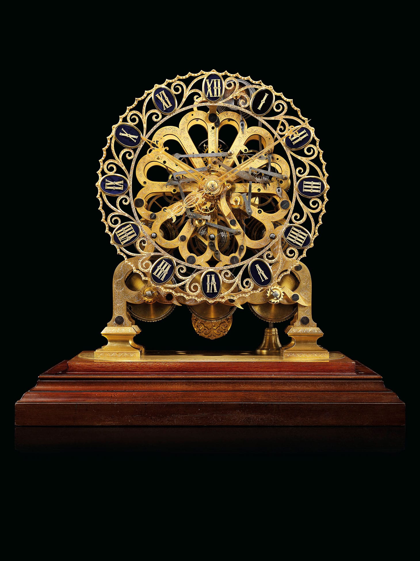 A rare Victorian gilt-brass quarter-chiming giant skeleton clock of month duration, attributed to John Moore & Sons, London, numbered 11403( c. 1851) (image courtesy Christie's)