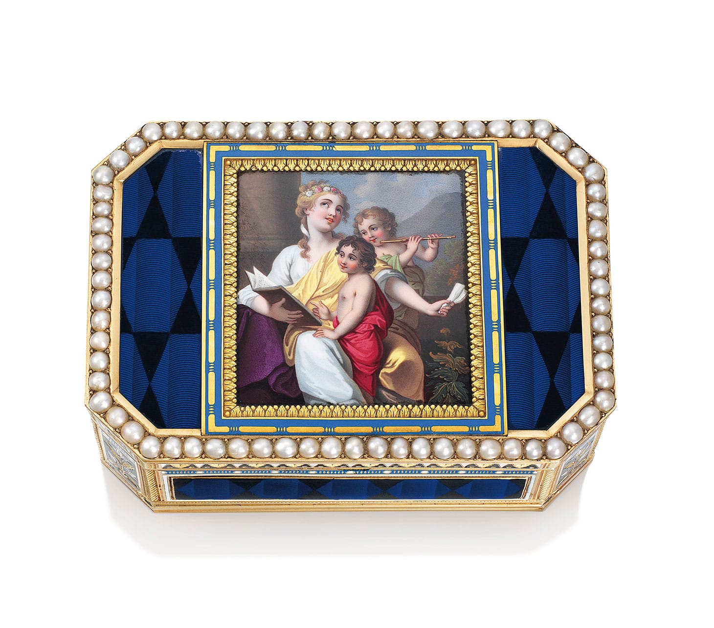 Guidon, Gide & Blondet Fils, a Swiss jeweled enameled muscial gold snuff-bx with automaton, "The Music Lesson" (c. 1804), 3 3/8 inches (image courtesy Christie's)