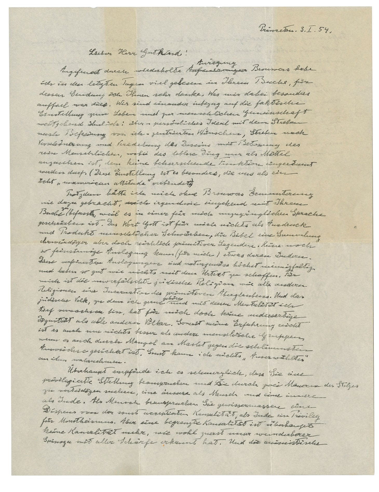 Albert Einstein, autograph letter signed (“A. Einstein”) to Eric Gutkind, Princeton, 3 January 1954, in German, two pages, 215 x 280 mm, bearing several autograph emendations, with original transmittal envelope (image courtesy Christie's)