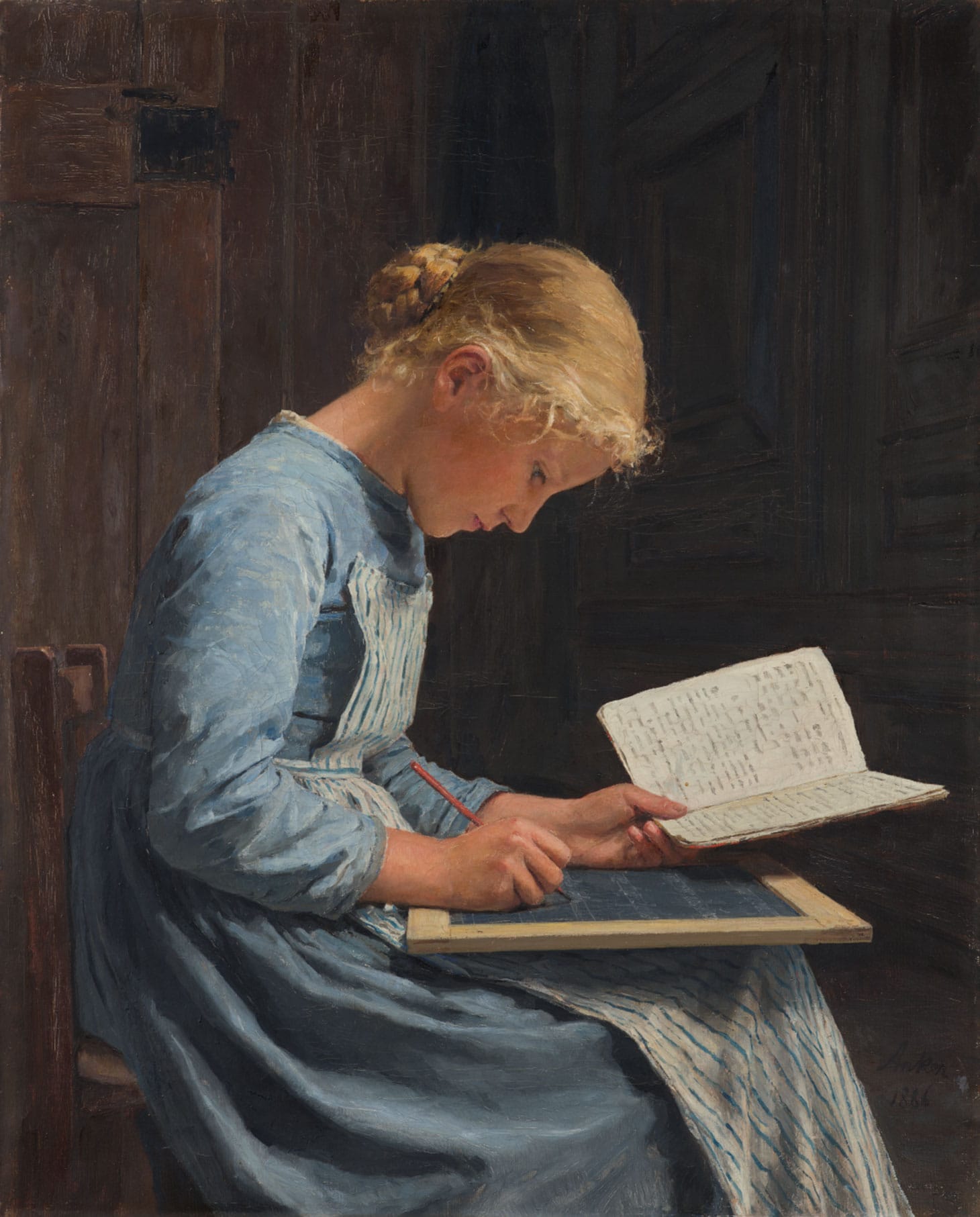Albert Anker, "Fleissig/Appliquée, 1886" (1886), oil on canvas 61.5 x 50 cm (image courtesy Sotheby's)