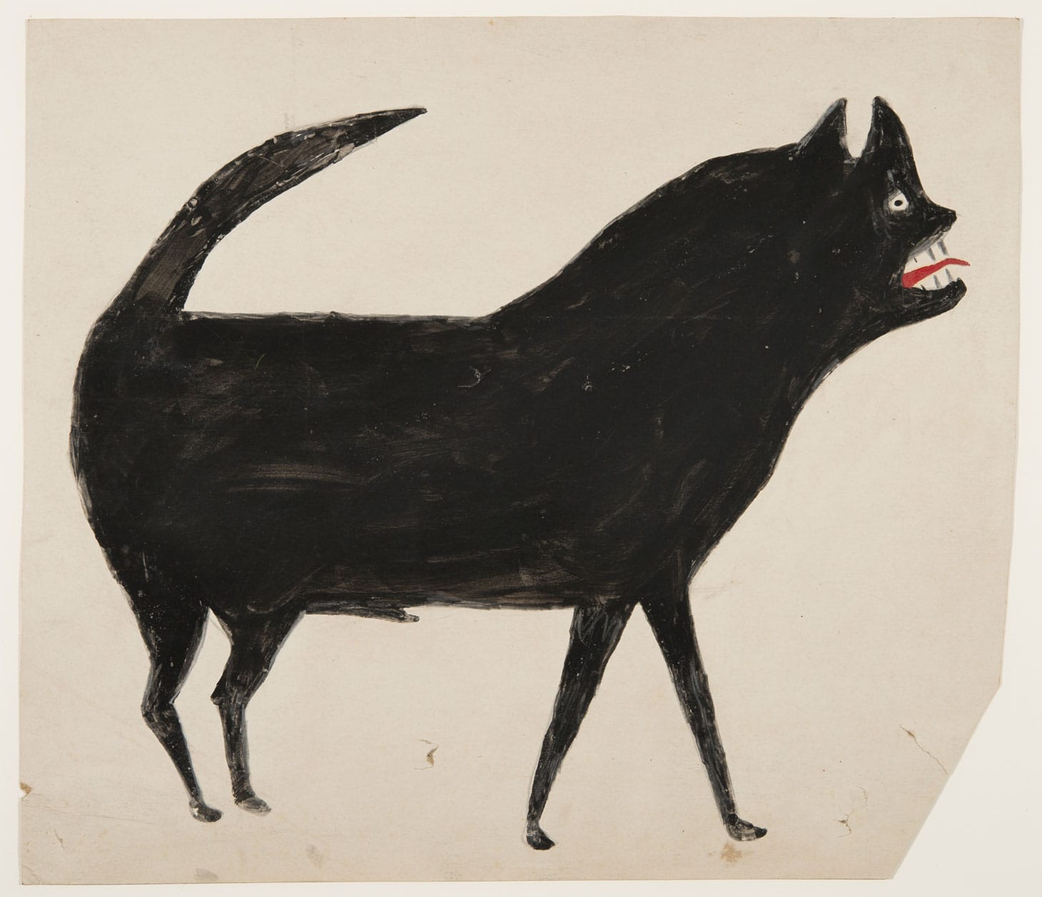 William "Bill" Traylor, "Untitled (Black Dog with Red Tongue)" (c. 1939–1940), opaque watercolor and pencil on cardboard, 16 x 13 3/4 inches (collection of Mississippi Museum of Art, Jackson, gift of Ed McGowin and Claudia DeMonte)