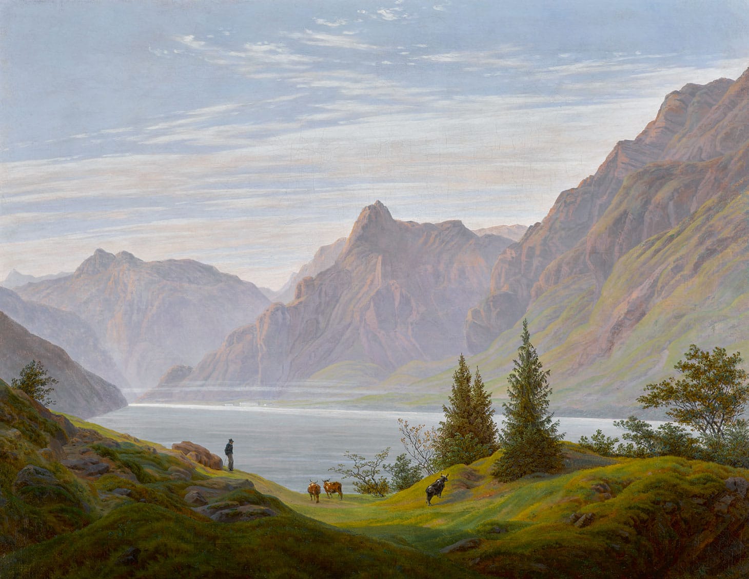 Caspar David Friedrich, "Landschaft mit Gebirgsee, Morgen [Landscape with Mountain Lake, Morning]," oil on canvas, 28 x 36 1/2 inches (image courtesy Sotheby's)