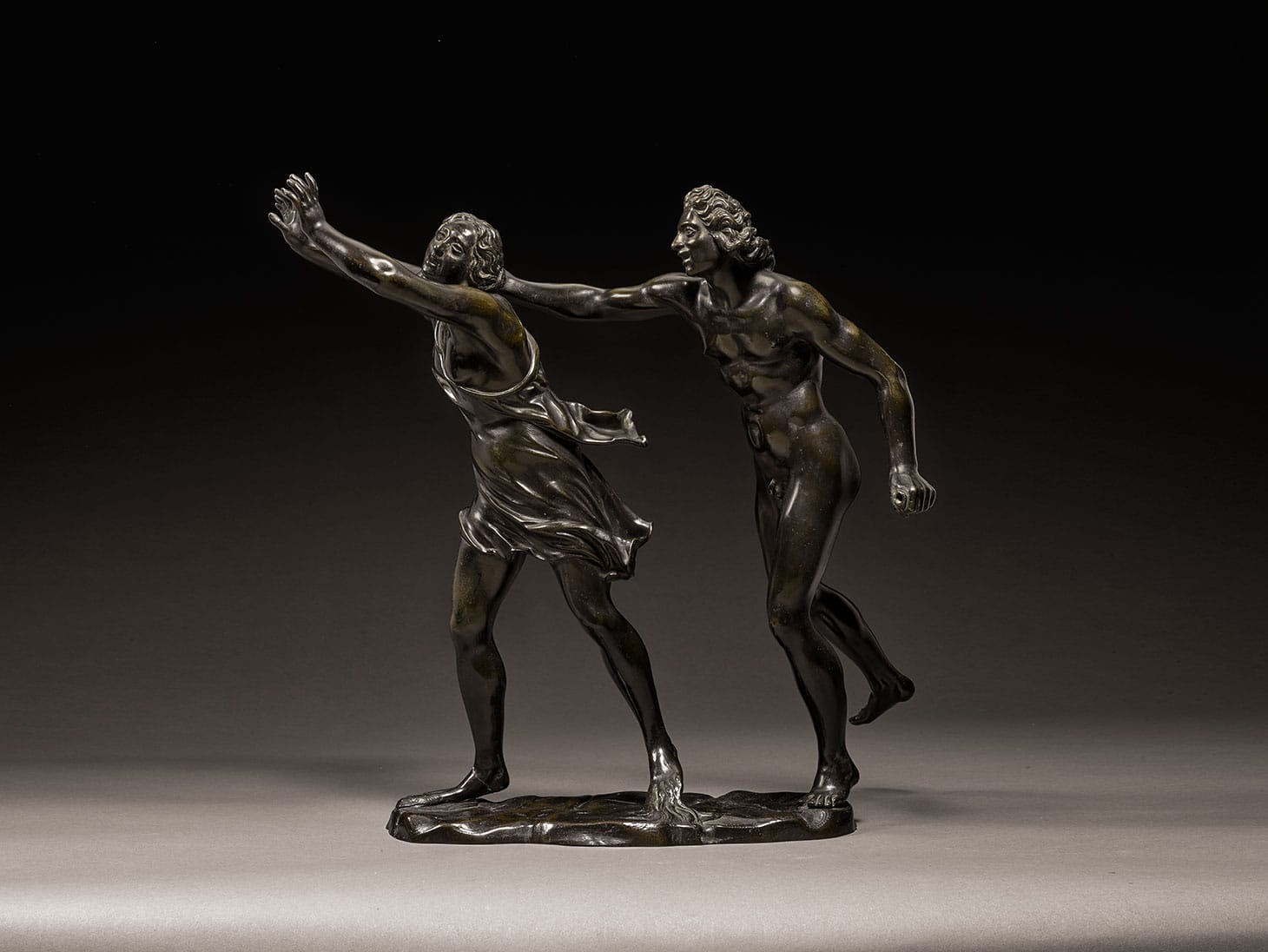 Attributed to Ferdinando Tacca, "Apollo and Daphen" (c. 1640–1650), bronze, on a later marble base, bronze: 17 1/4 x 17 1/2 inches, base: 3 1/2 x 12 1/4 inches (image courtesy Sotheby's)