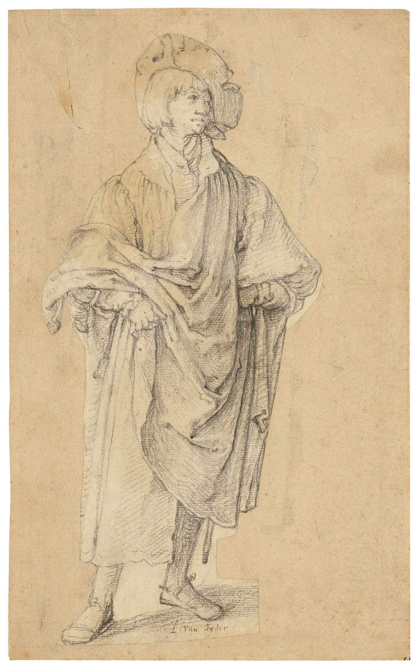 Lucas van Leyden, "A young man standing," black chalk, watermark pot with two handles, above crown (Piccard-online, no. 31808, etc.), cut out and laid down, framed, 11 x 5 1/8 inches (image courtesy Christie's)