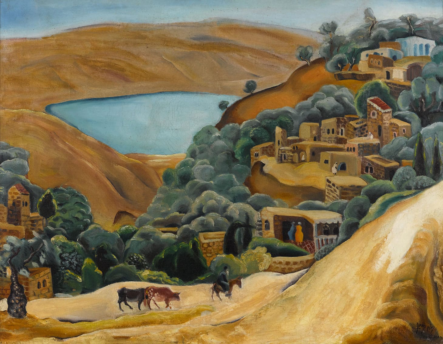 Nahum Gutman, "Tiberias Landscape" (late 1920s), oil on canvas, 23 by 29 inches (image courtesy Sotheby's)